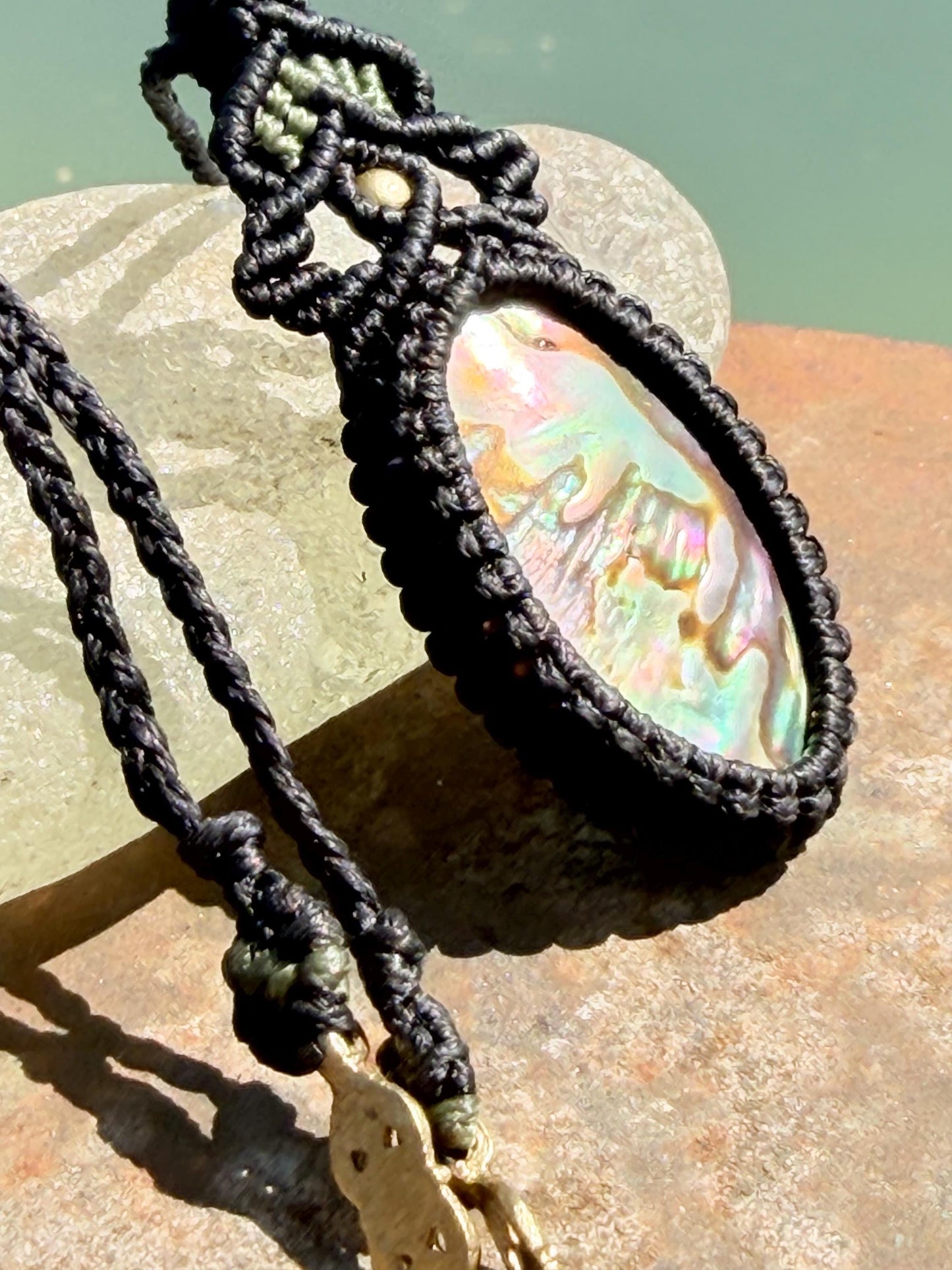 Stunning abalone necklace on an adjustable cord. Handmade gemstone necklace, boho jewellery. Macrame jewellery. Unique necklace.