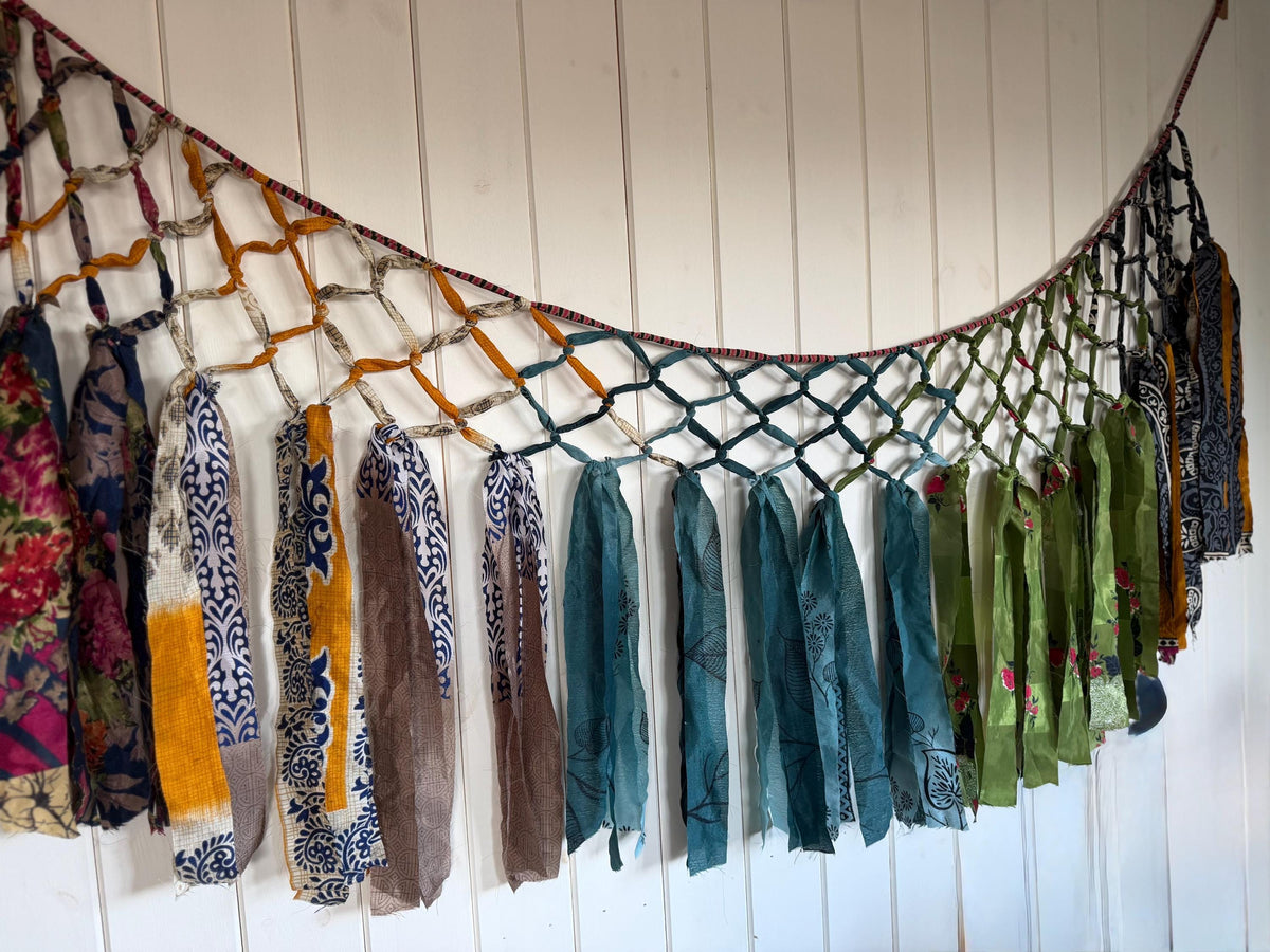 Beautiful recycled room decoration. Eco friendly wall hanging. Yurt decoration. Yoga room. Ethical home decor. Recycled sari wall art.