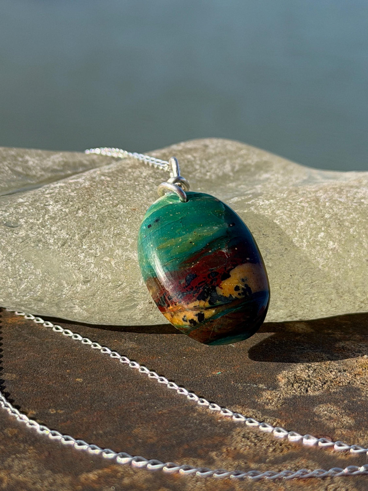 Green opalised wood necklace, ethical jewellery, bohemian necklace, unusual jewellery, unique eco friendly pendant, red gemstone necklace.