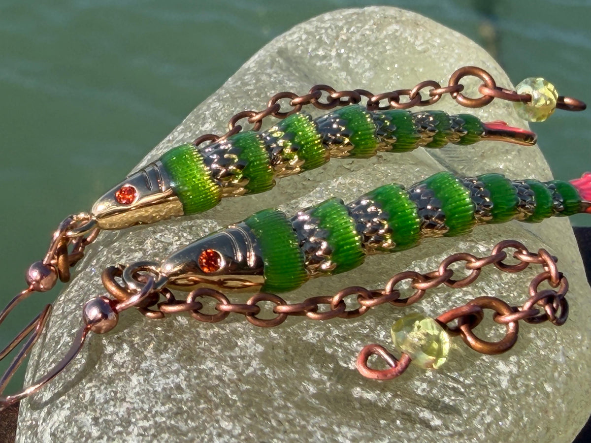 Articulated green fish earrings on recycled sterling silver. Boho earrings. Articulated jewellery. Cute unusual earrings. GIft for swimmer.