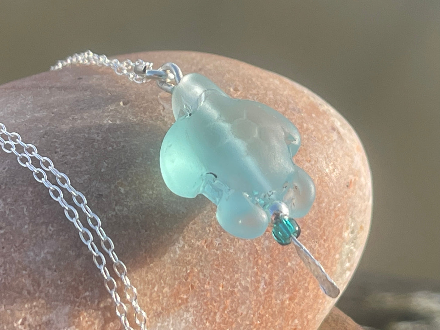 Eco friendly glass turtle necklace on a recycled sterling silver chain. Aqua turtle pendant. Eco friendly necklace, ethical jewellery.
