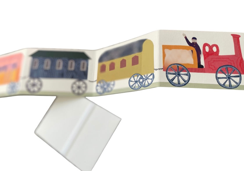 Recycled greetings card. Concertina style. Train Card.