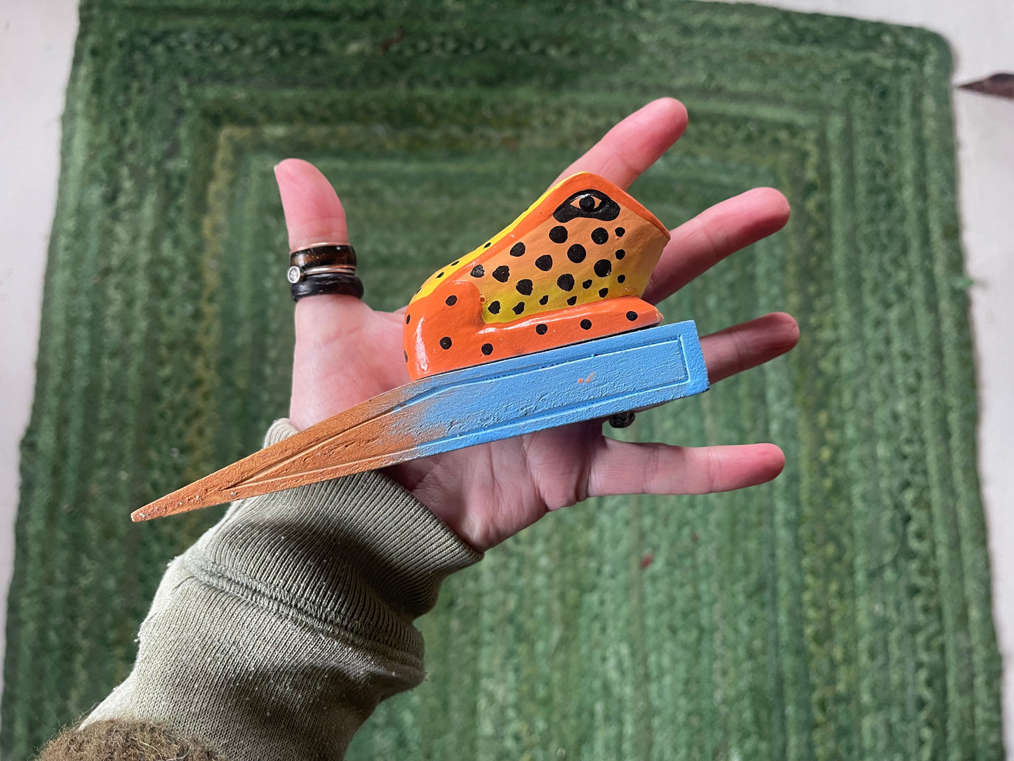 Frog door stop made from sustainable painted wood. Fun animal doorstop. Ethical gift ideas. Frog door stoppers.