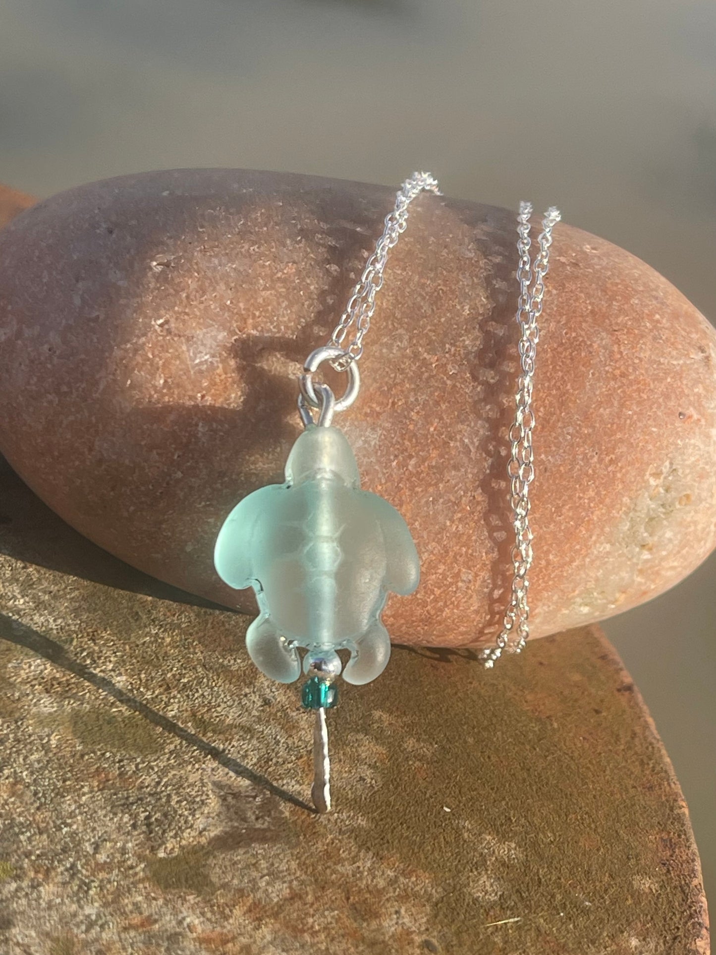 Eco friendly glass turtle necklace on a recycled sterling silver chain. Aqua turtle pendant. Eco friendly necklace, ethical jewellery.