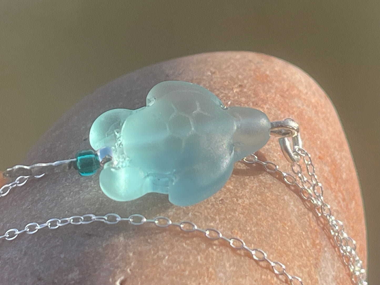 Eco friendly glass turtle necklace on a recycled sterling silver chain. Aqua turtle pendant. Eco friendly necklace, ethical jewellery.
