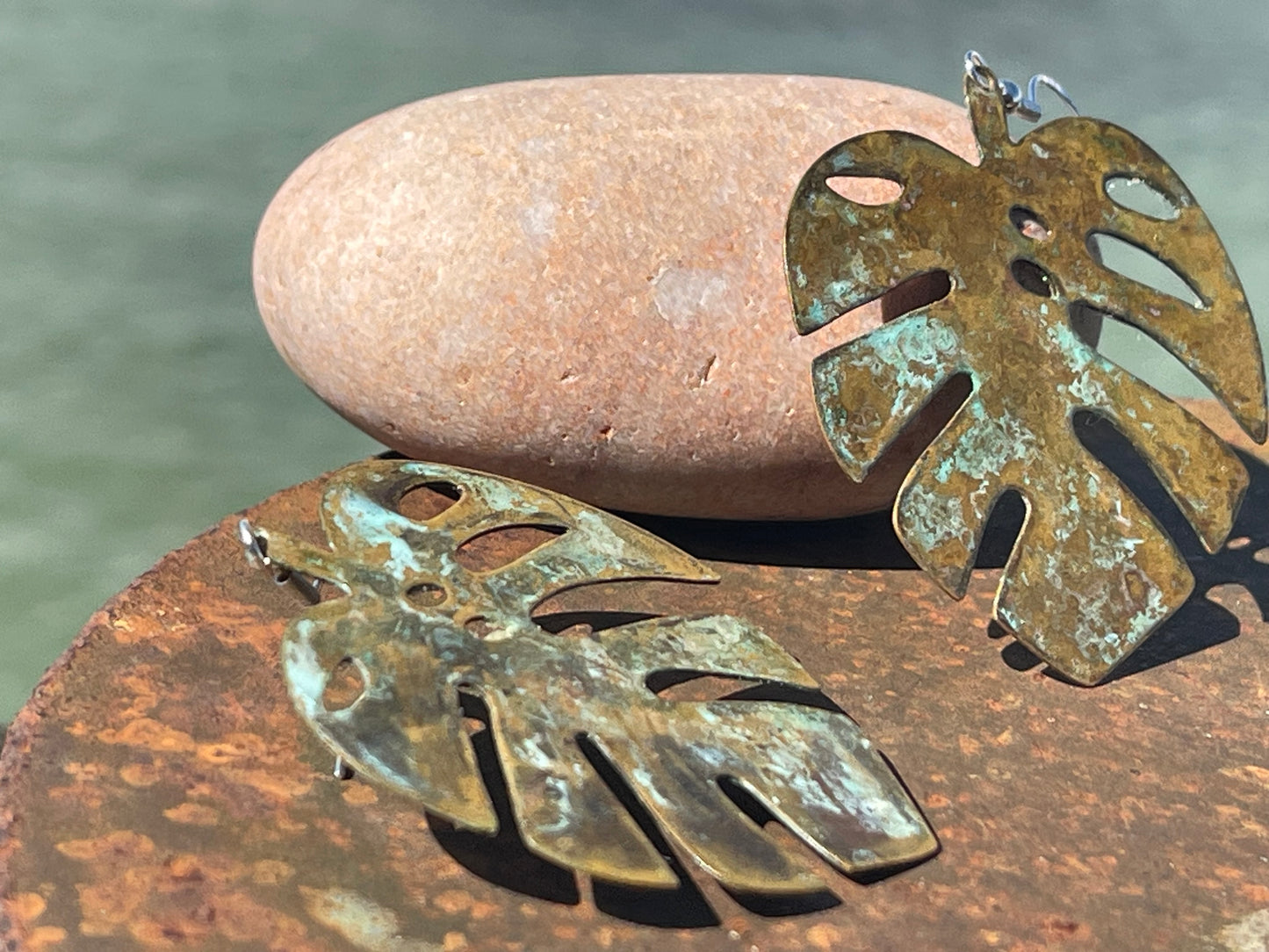 Handmade leaf earrings. Rustic earrings, unusual earrings, unusual gift for her, blue earrings, boho earrings, large statement earrings.