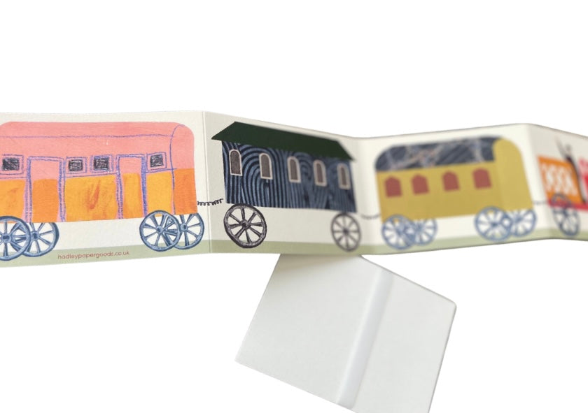 Recycled greetings card. Concertina style. Train Card.