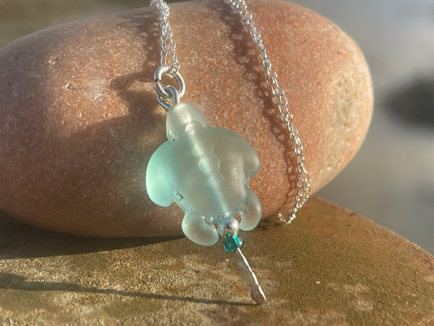 Eco friendly glass turtle necklace on a recycled sterling silver chain. Aqua turtle pendant. Eco friendly necklace, ethical jewellery.