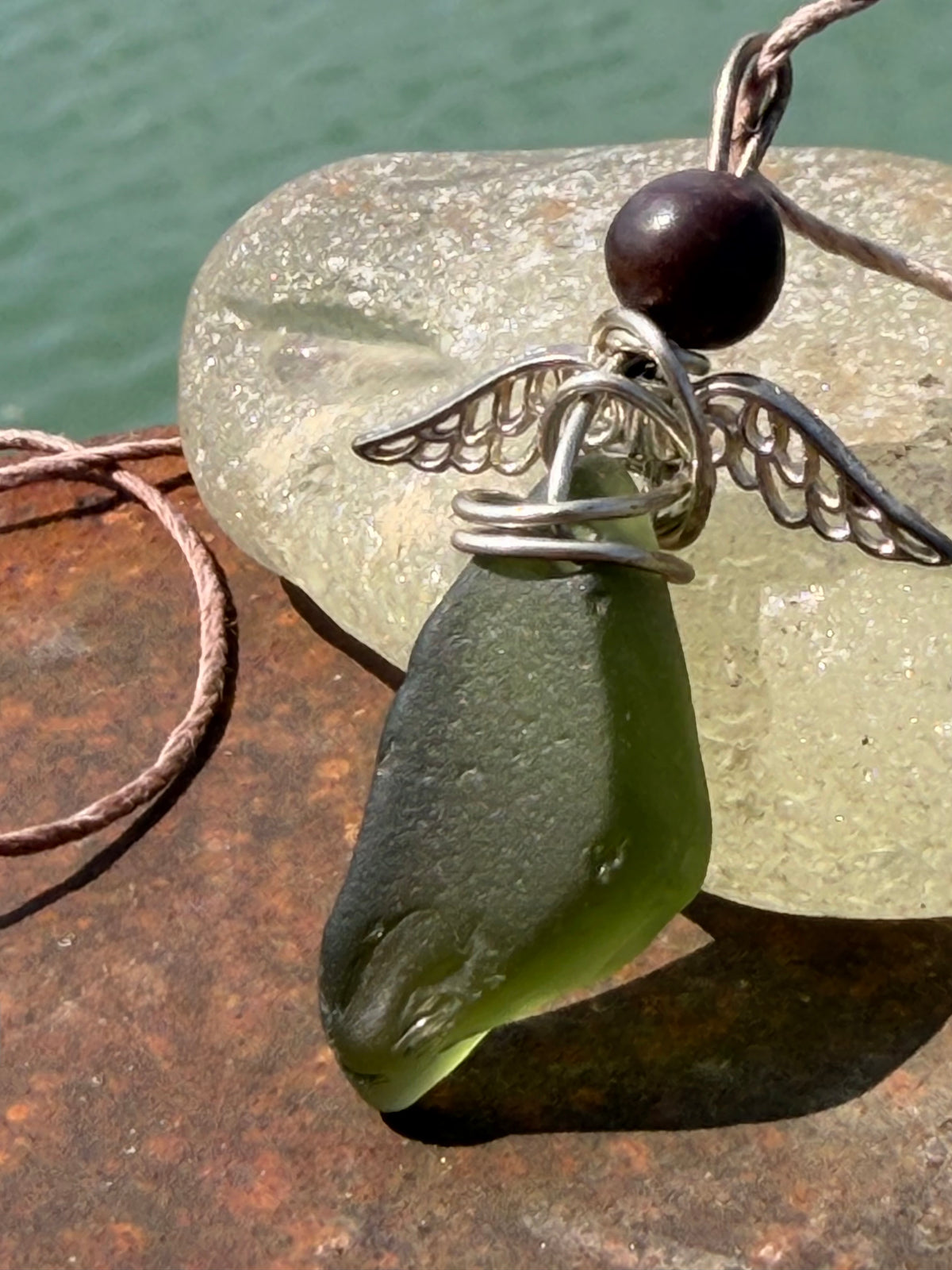 Guardian angel necklace, sea glass necklace, unique necklace, eco friendly gift for her. Ethical  jewellery, boho necklace, angel pendant