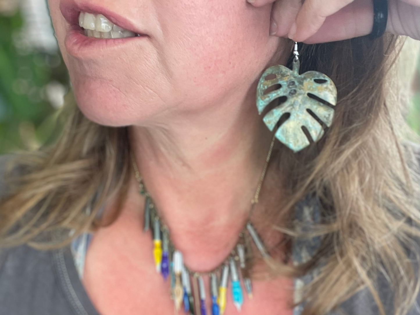 Handmade leaf earrings. Rustic earrings, unusual earrings, unusual gift for her, blue earrings, boho earrings, large statement earrings.