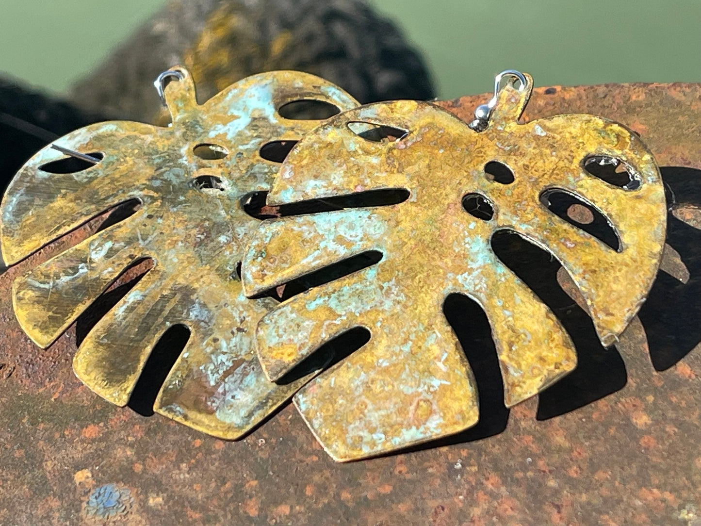 Handmade leaf earrings. Rustic earrings, unusual earrings, unusual gift for her, blue earrings, boho earrings, large statement earrings.