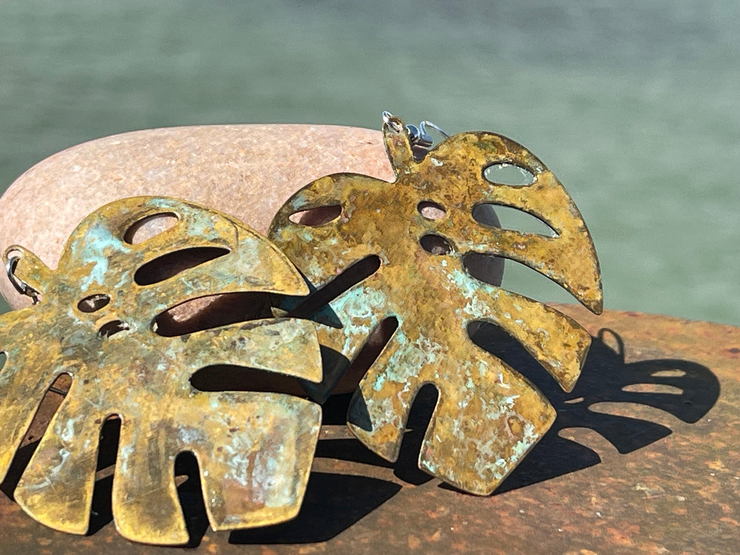 Handmade leaf earrings. Rustic earrings, unusual earrings, unusual gift for her, blue earrings, boho earrings, large statement earrings.