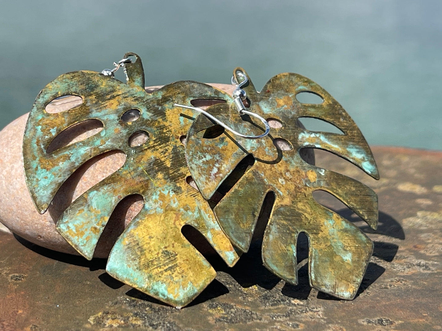 Handmade leaf earrings. Rustic earrings, unusual earrings, unusual gift for her, blue earrings, boho earrings, large statement earrings.