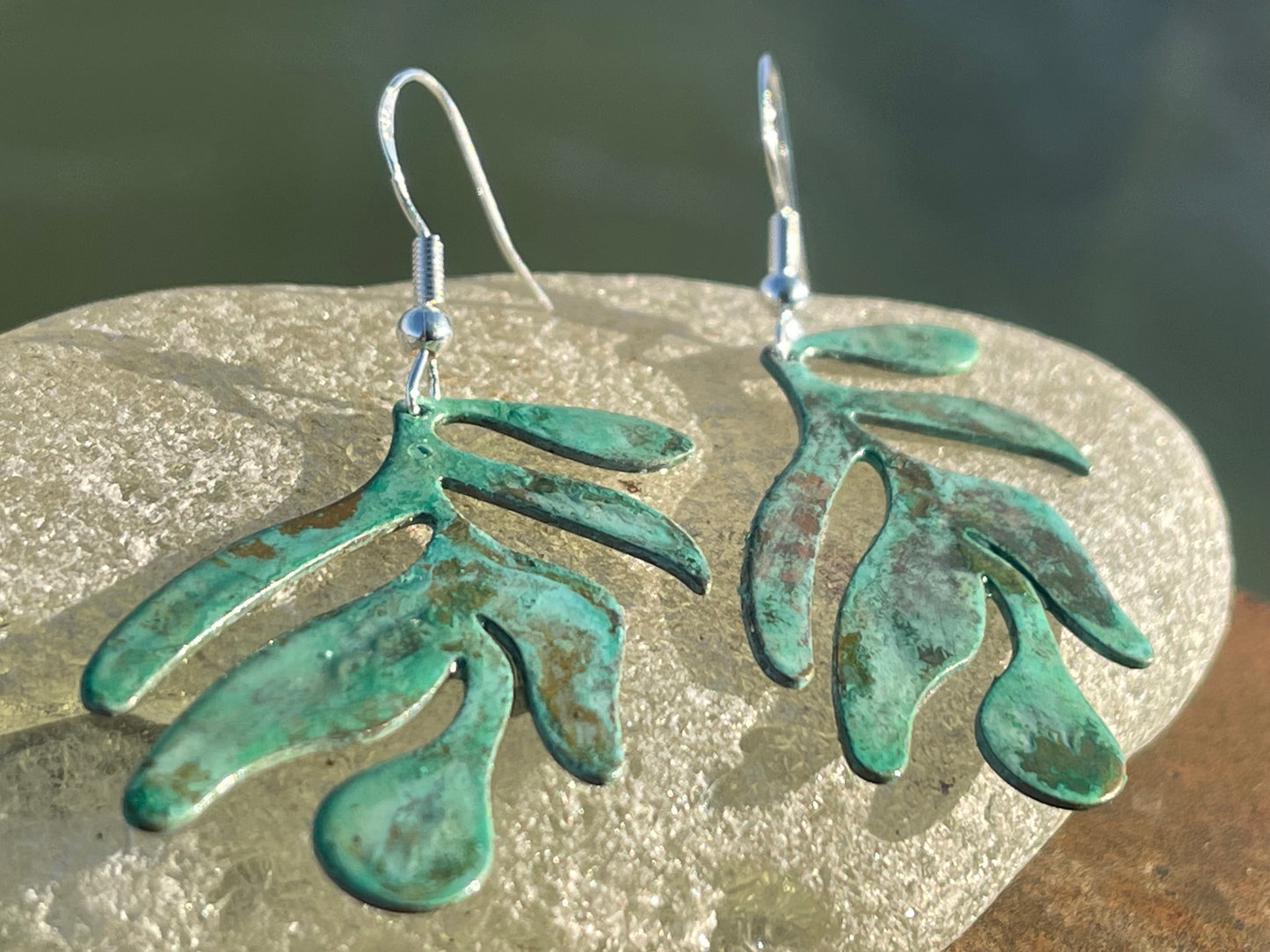 Handmade leaf earrings. Rustic earrings, unusual earrings, unusual gift for her, blue earrings, boho earrings, large statement earrings.