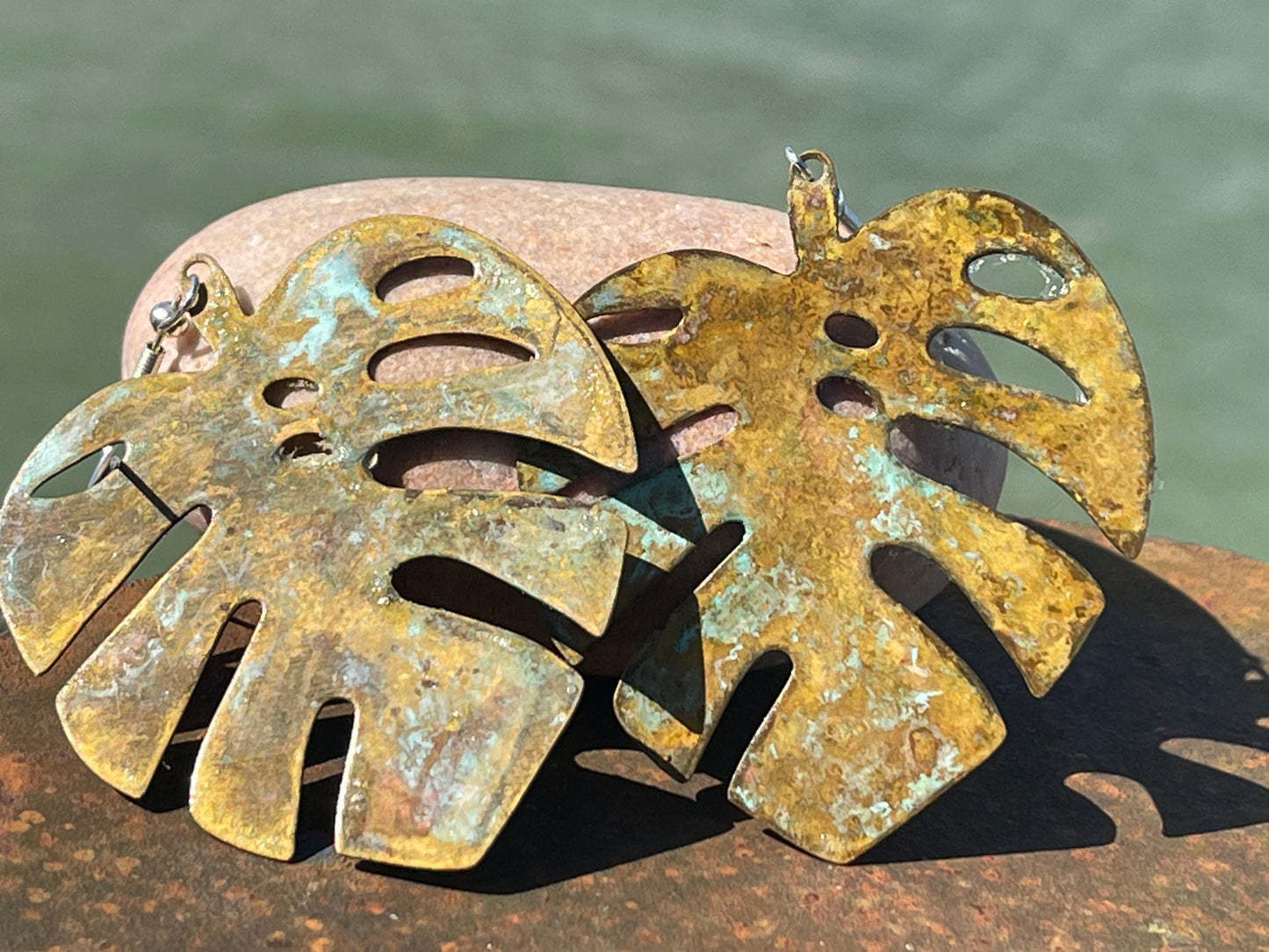 Handmade leaf earrings. Rustic earrings, unusual earrings, unusual gift for her, blue earrings, boho earrings, large statement earrings.