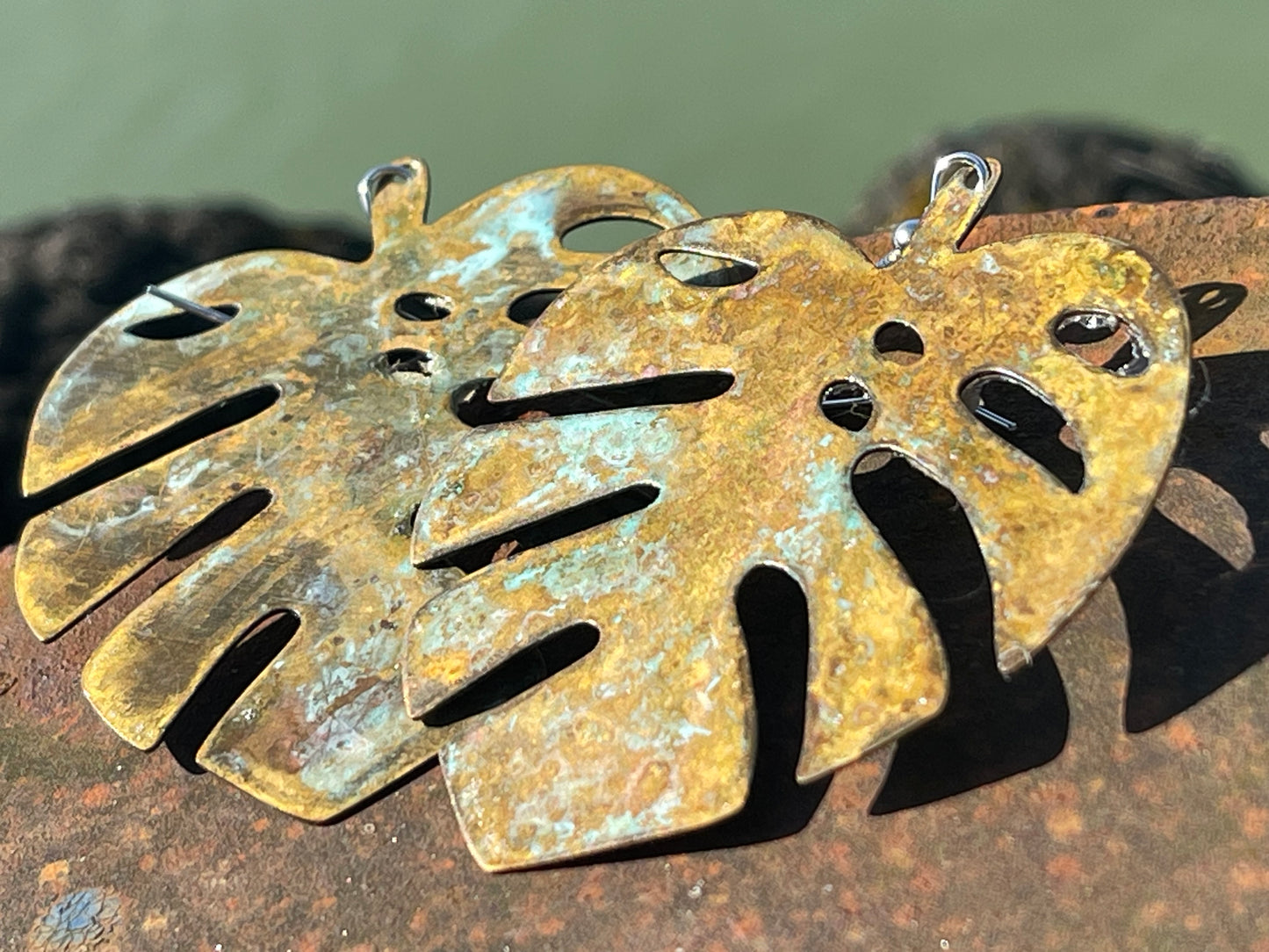 Handmade leaf earrings. Rustic earrings, unusual earrings, unusual gift for her, blue earrings, boho earrings, large statement earrings.