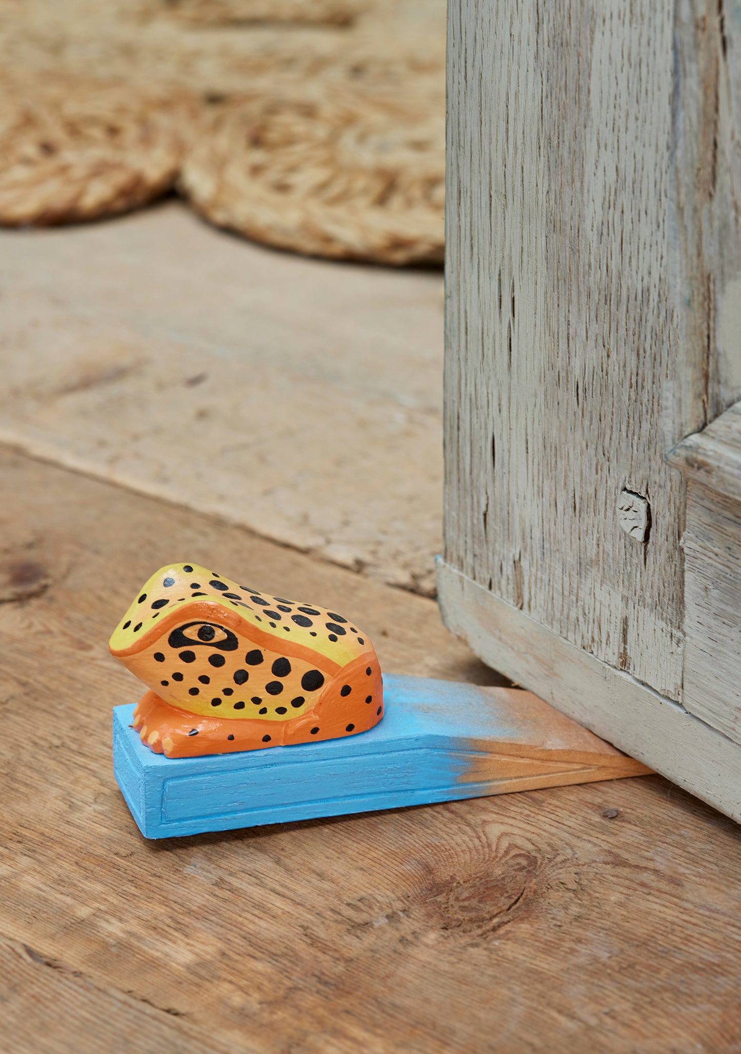 Frog door stop made from sustainable painted wood. Fun animal doorstop. Ethical gift ideas. Frog door stoppers.
