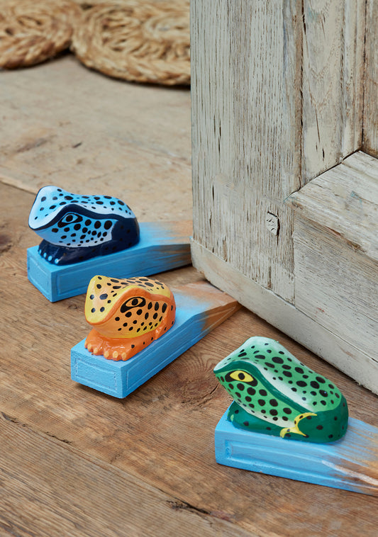 Frog door stop made from sustainable painted wood. Fun animal doorstop. Ethical gift ideas. Frog door stoppers.