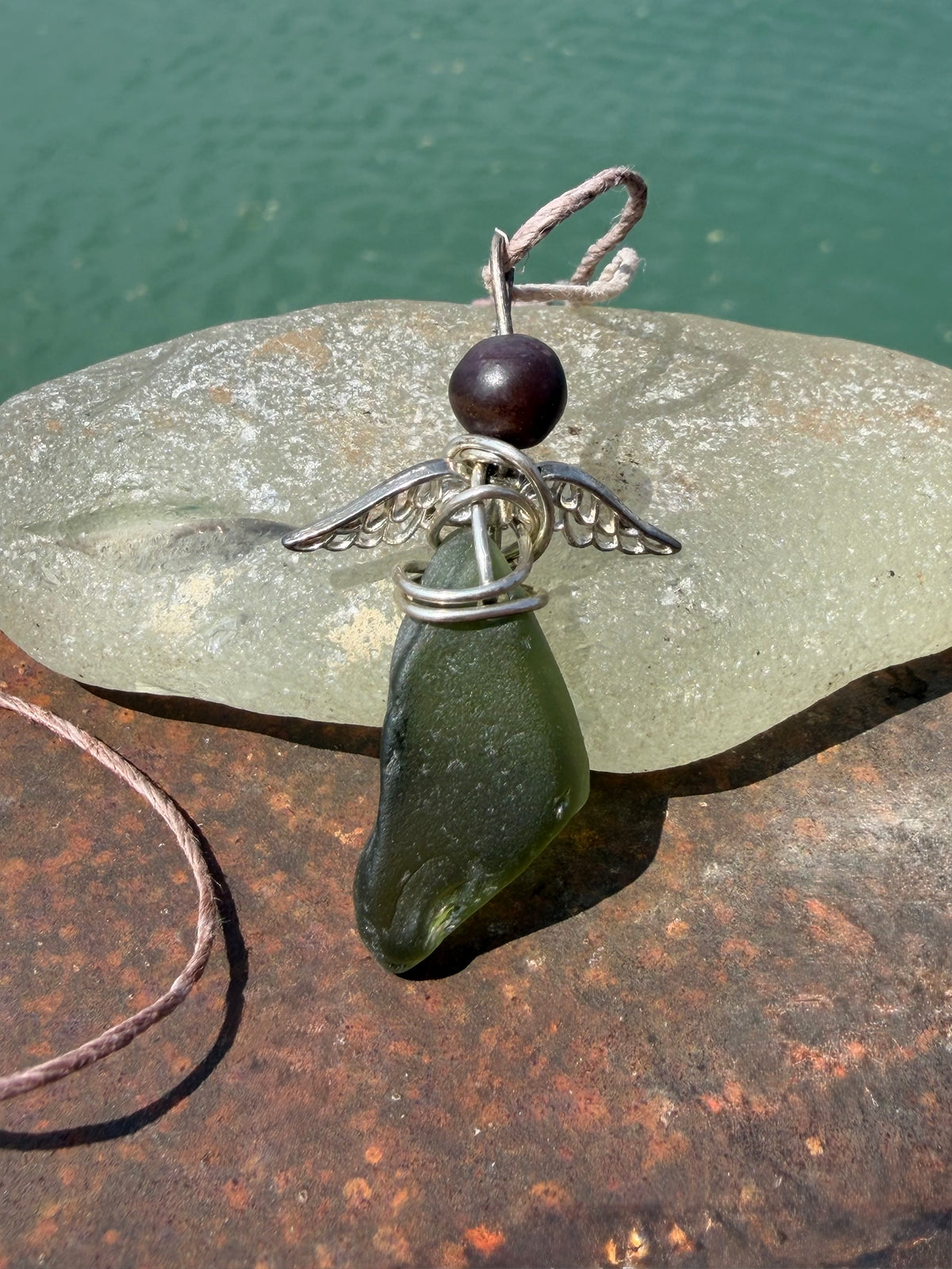 Guardian angel necklace, sea glass necklace, unique necklace, eco friendly gift for her. Ethical  jewellery, boho necklace, angel pendant