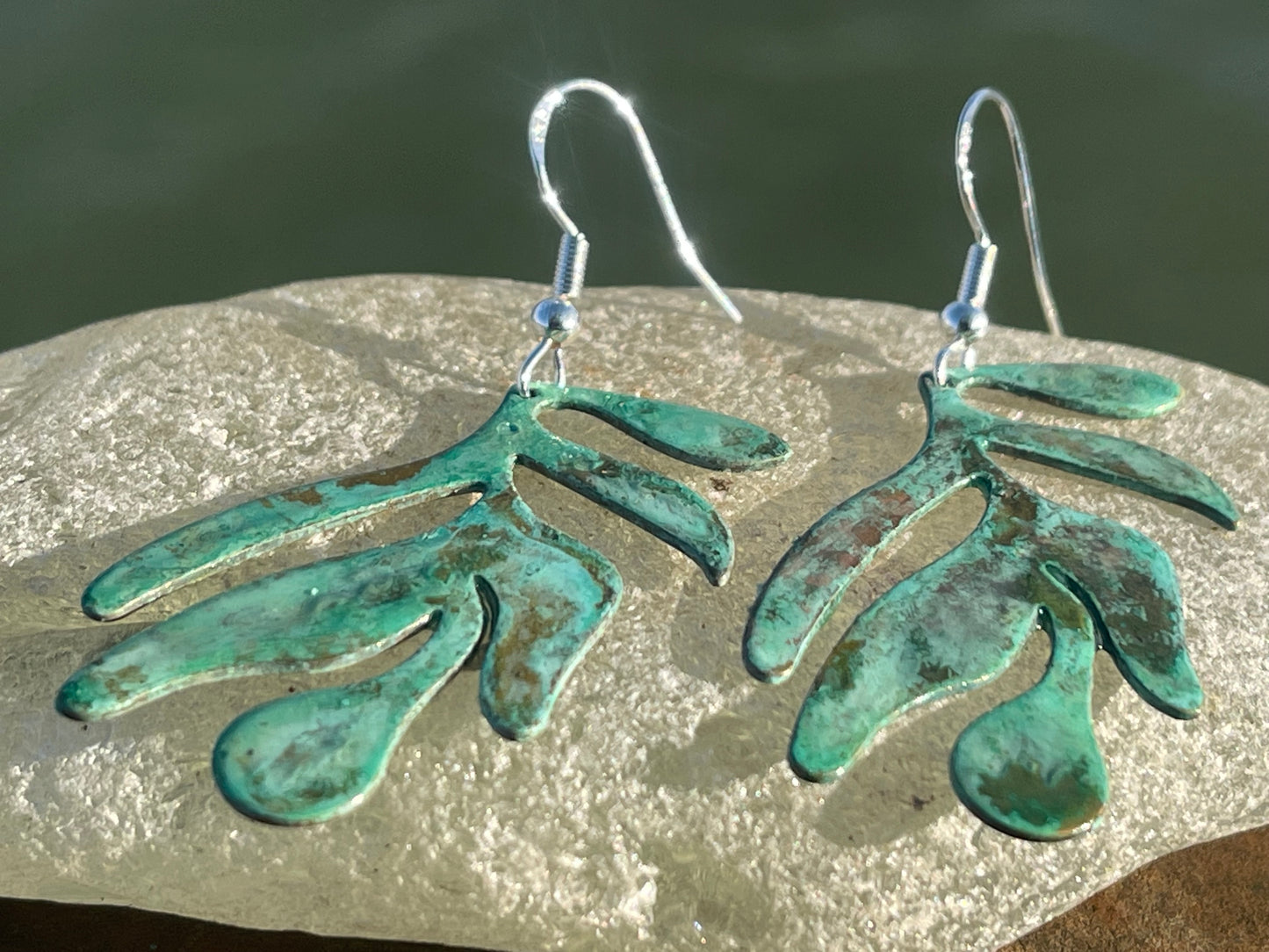 Handmade leaf earrings. Rustic earrings, unusual earrings, unusual gift for her, blue earrings, boho earrings, large statement earrings.