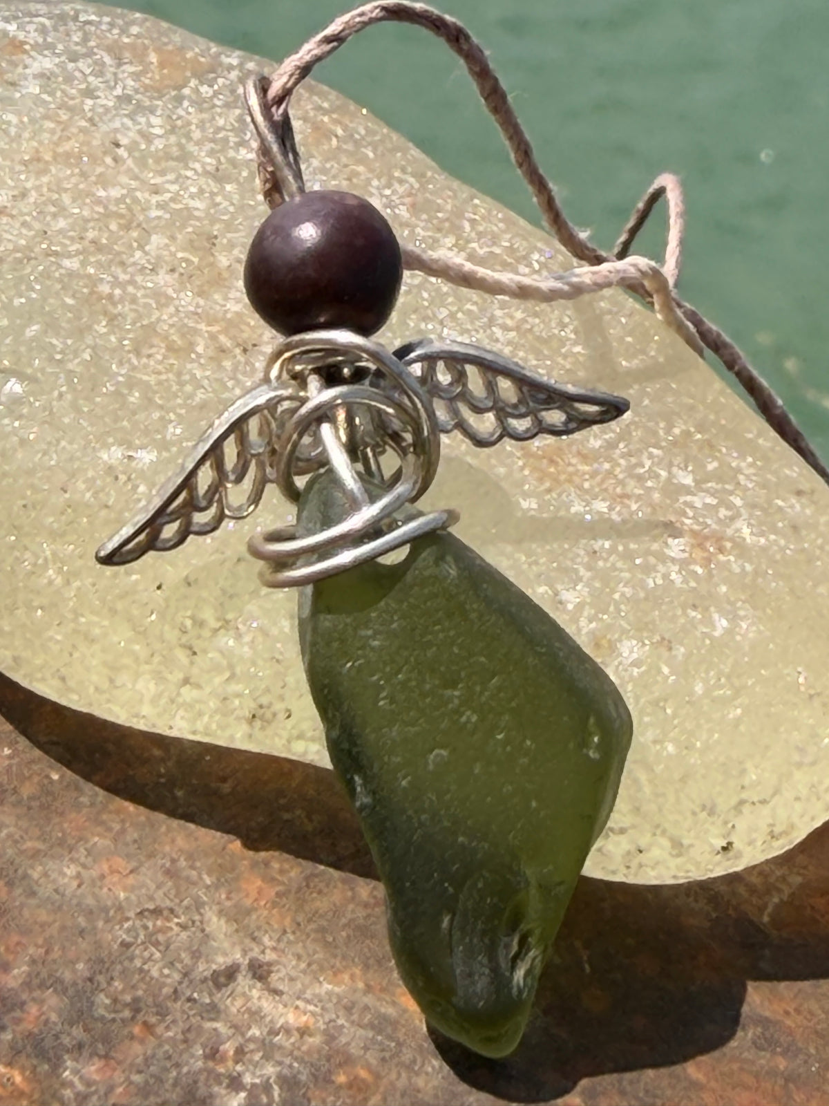 Guardian angel necklace, sea glass necklace, unique necklace, eco friendly gift for her. Ethical  jewellery, boho necklace, angel pendant