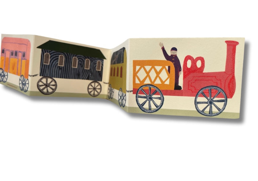 Recycled greetings card. Concertina style. Train Card.