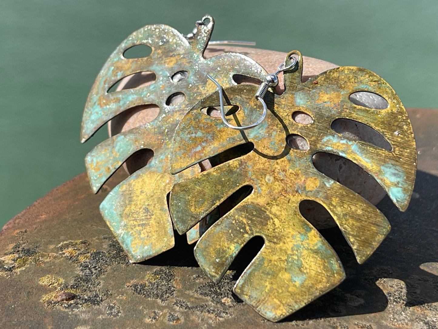 Handmade leaf earrings. Rustic earrings, unusual earrings, unusual gift for her, blue earrings, boho earrings, large statement earrings.