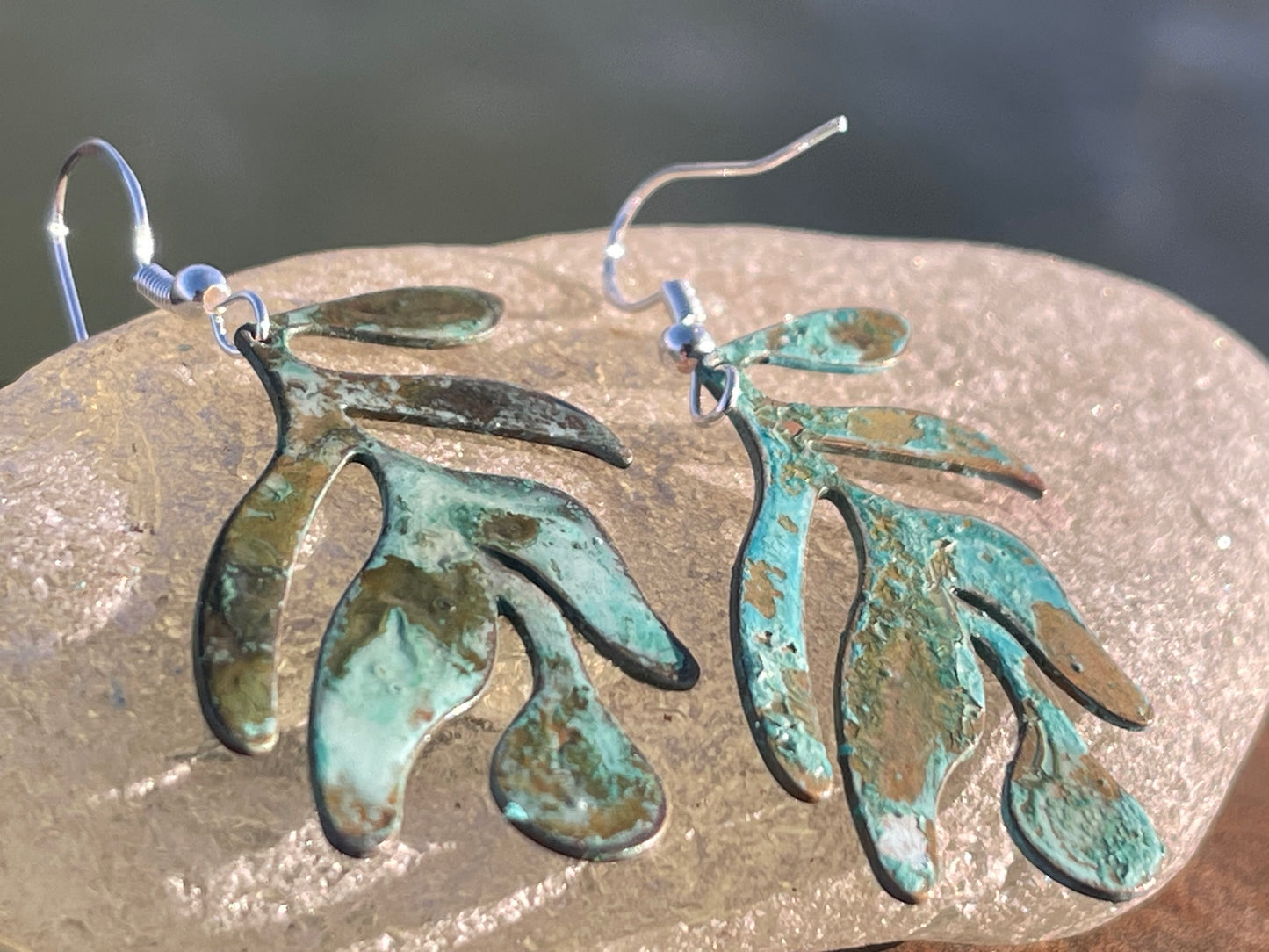 Handmade leaf earrings. Rustic earrings, unusual earrings, unusual gift for her, blue earrings, boho earrings, large statement earrings.