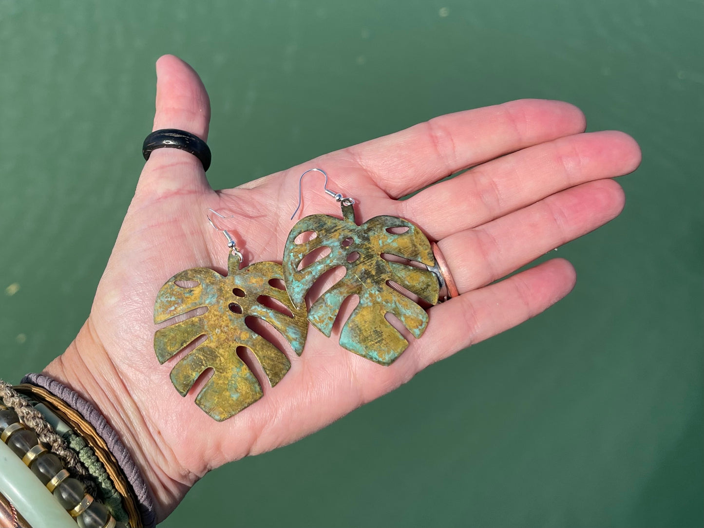 Handmade leaf earrings. Rustic earrings, unusual earrings, unusual gift for her, blue earrings, boho earrings, large statement earrings.