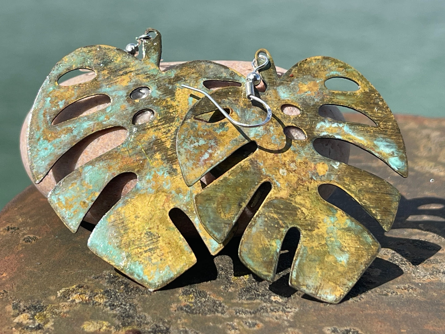 Handmade leaf earrings. Rustic earrings, unusual earrings, unusual gift for her, blue earrings, boho earrings, large statement earrings.