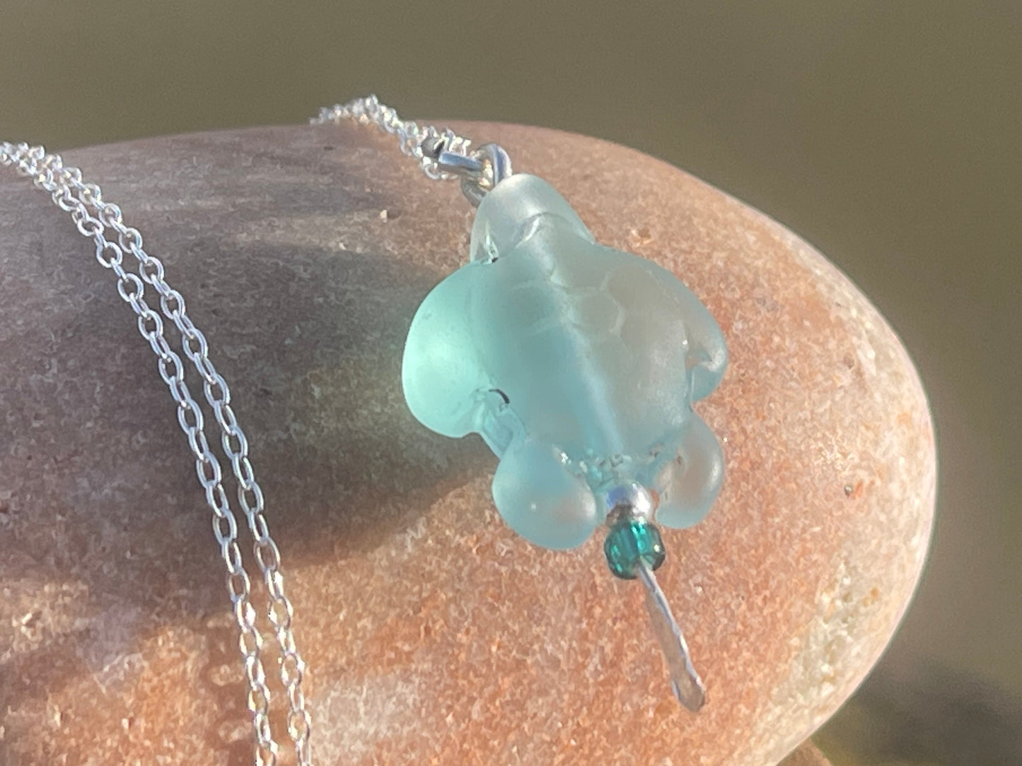 Eco friendly glass turtle necklace on a recycled sterling silver chain. Aqua turtle pendant. Eco friendly necklace, ethical jewellery.