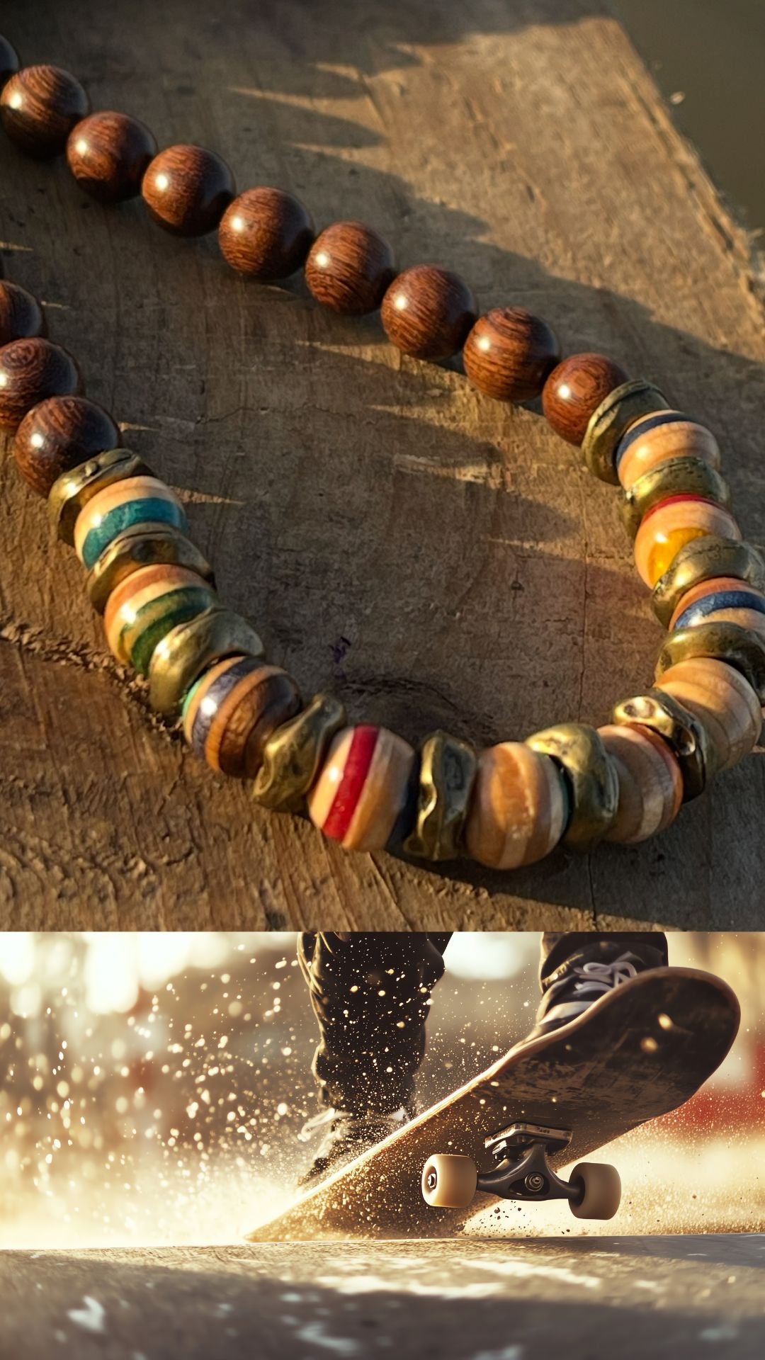 Handmade necklace made from old skateboards. Skateboard necklace. Unique gifts for men. Sustainable jewellery. Eco friendly necklaces.