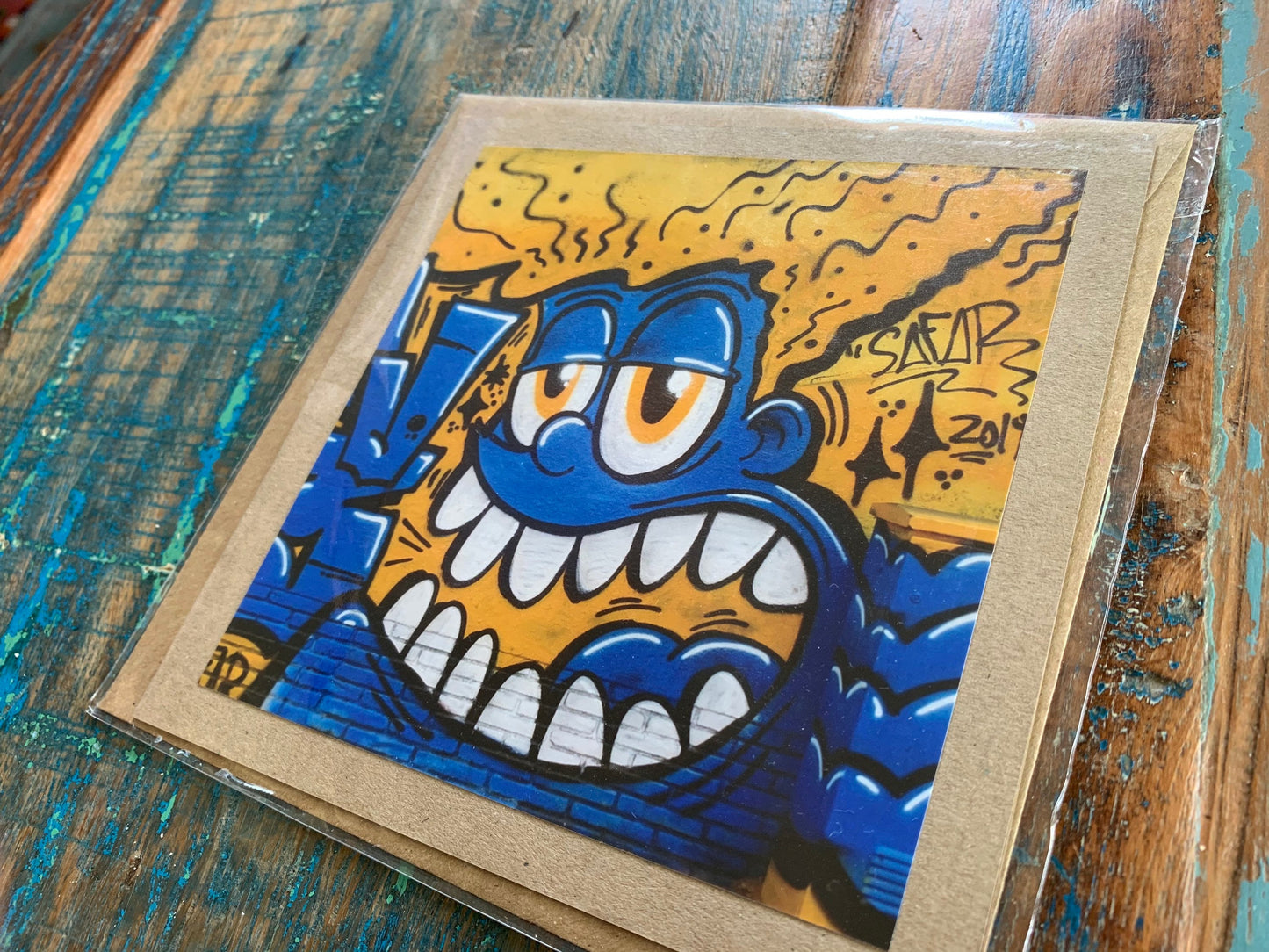 recycled card, eco friendly card, greetings card, happy blue monster. Birthday card, boys card, thank you card, Blank card, silly card