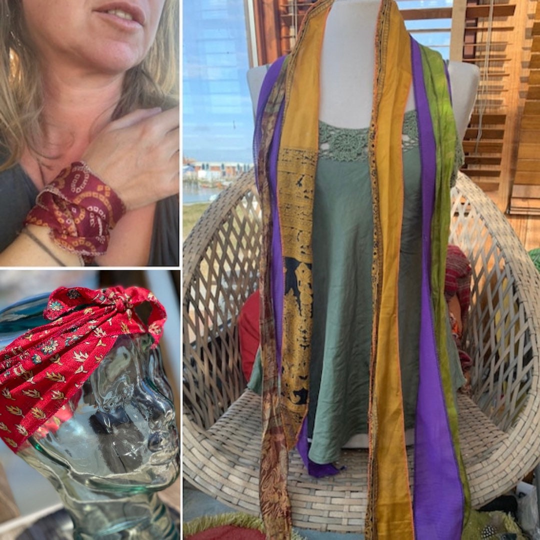 SALE. Recycled scarves, Handmade hair bands. Recycled Head Scarf. Wrist Wrap - Eco-Friendly Gift for Her, sari hair wrap, Indian hair scarf