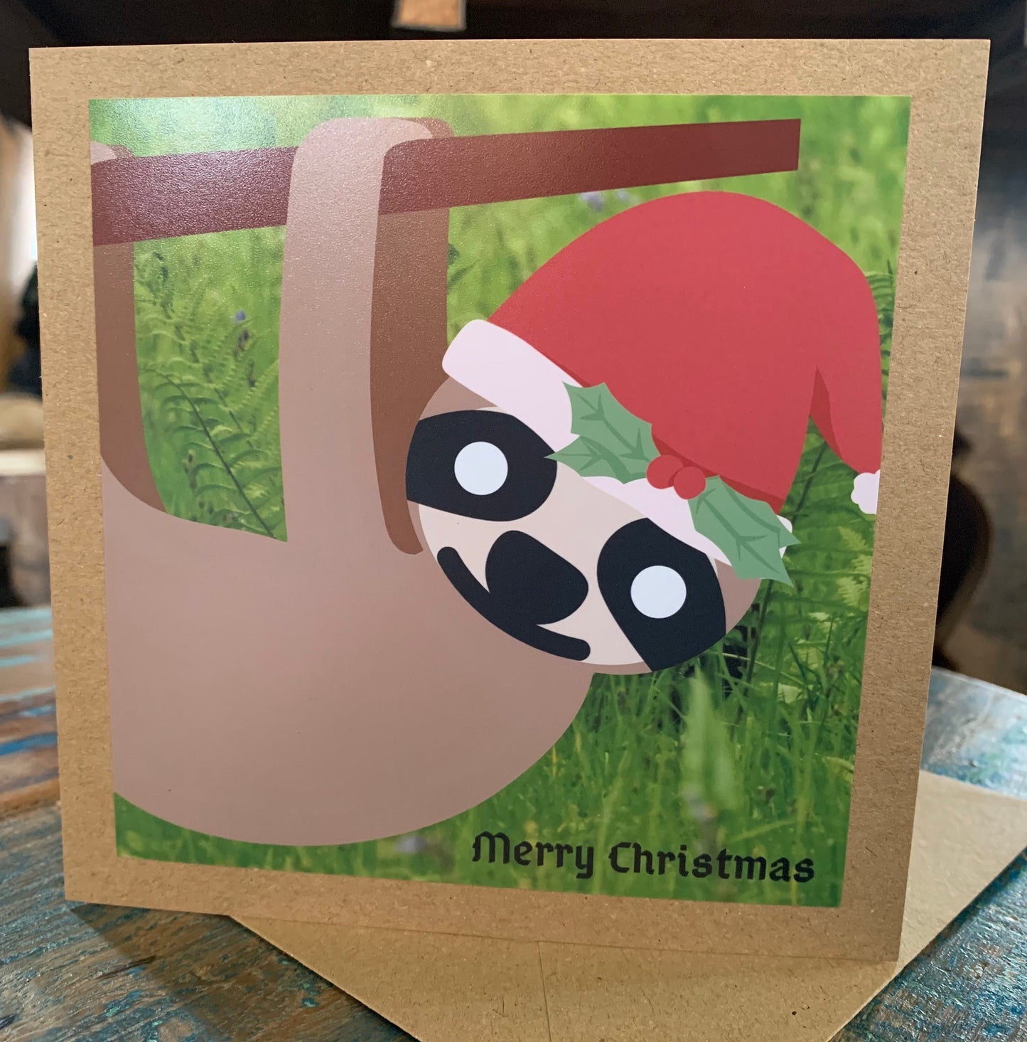 Christmas sloth card, recycled Christmas card, sloth xmas card, homemade Christmas. Eco friendly card. Handmade card, ethical Christmas card