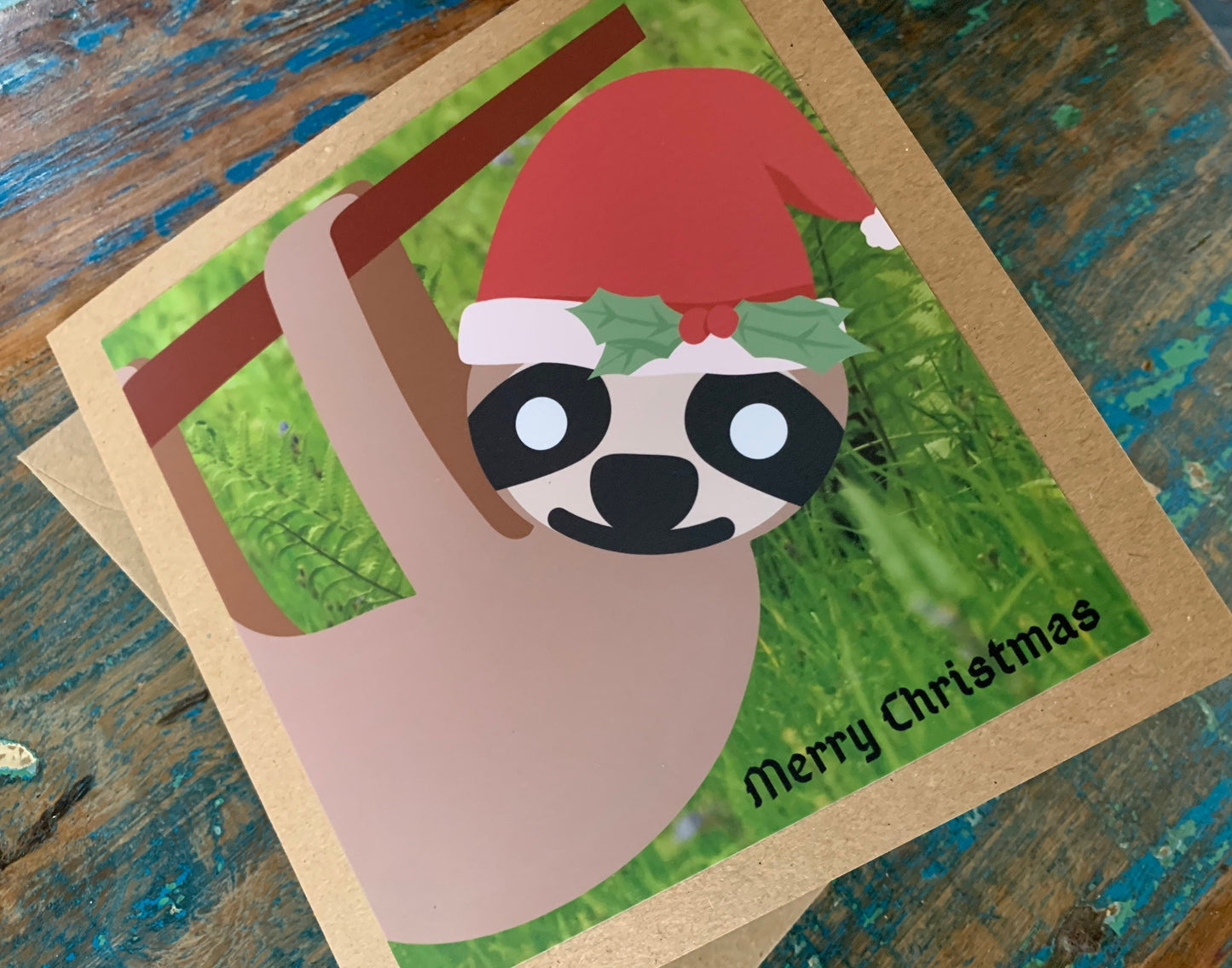 Christmas sloth card, recycled Christmas card, sloth xmas card, homemade Christmas. Eco friendly card. Handmade card, ethical Christmas card