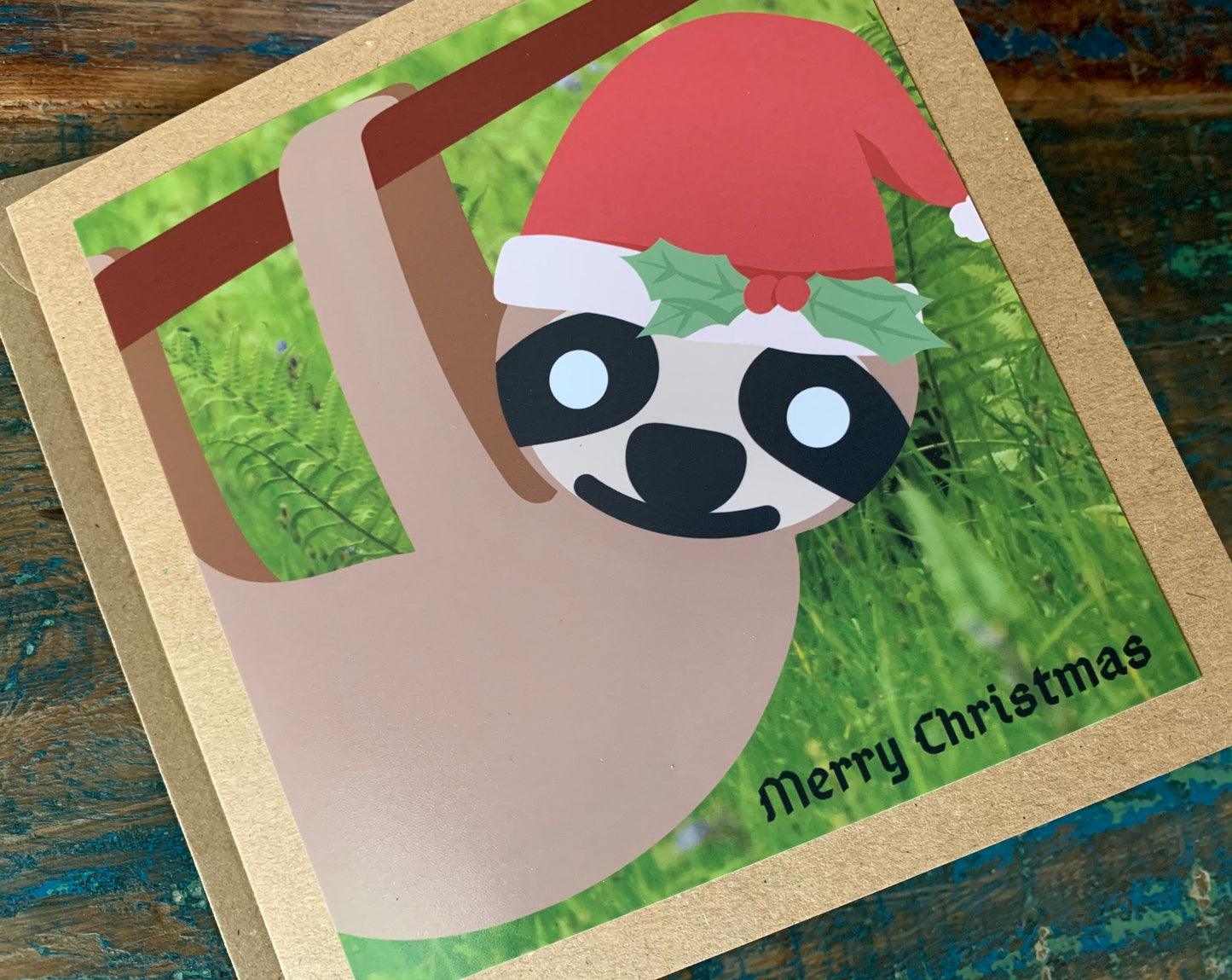 Christmas sloth card, recycled Christmas card, sloth xmas card, homemade Christmas. Eco friendly card. Handmade card, ethical Christmas card