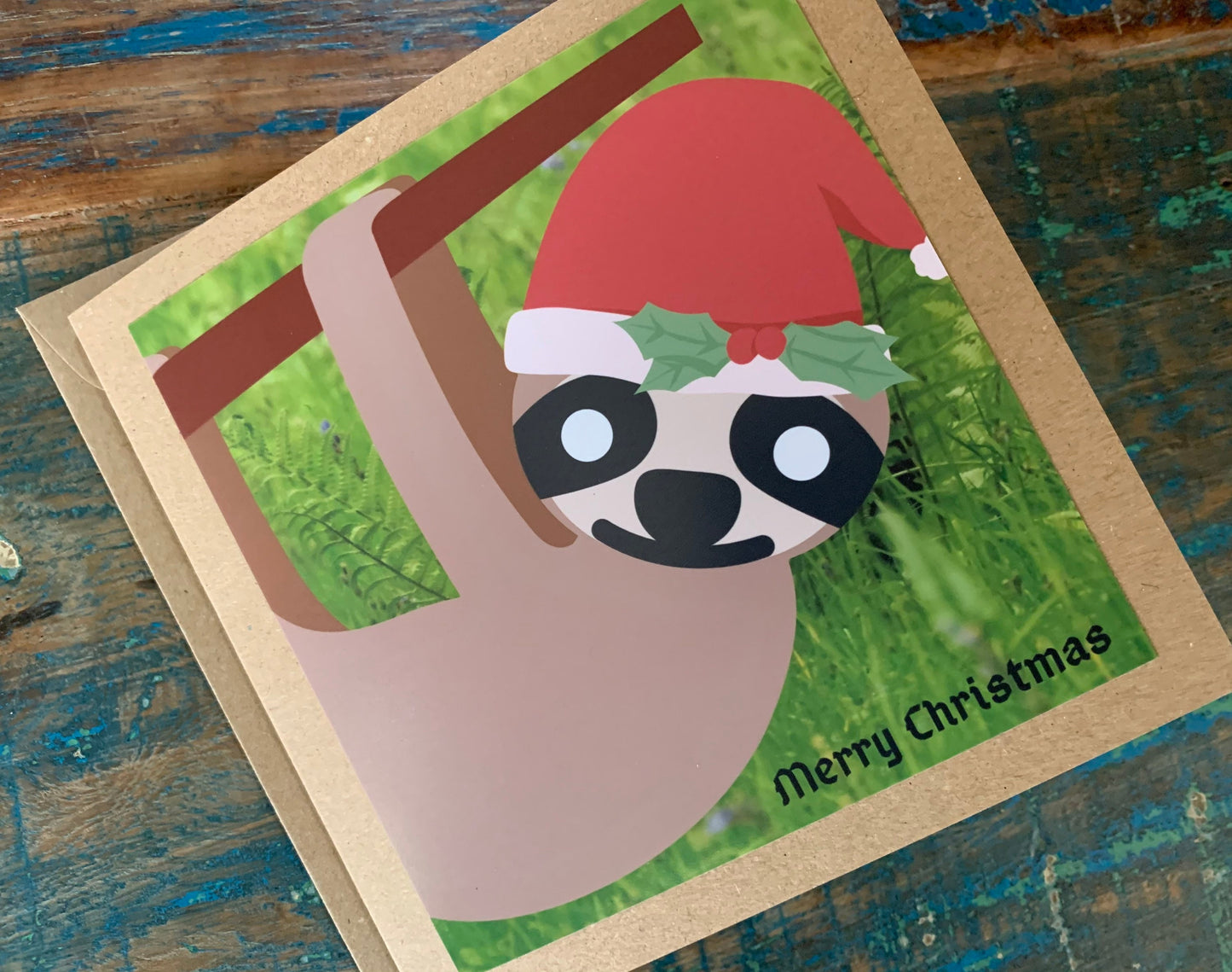 Christmas sloth card, recycled Christmas card, sloth xmas card, homemade Christmas. Eco friendly card. Handmade card, ethical Christmas card