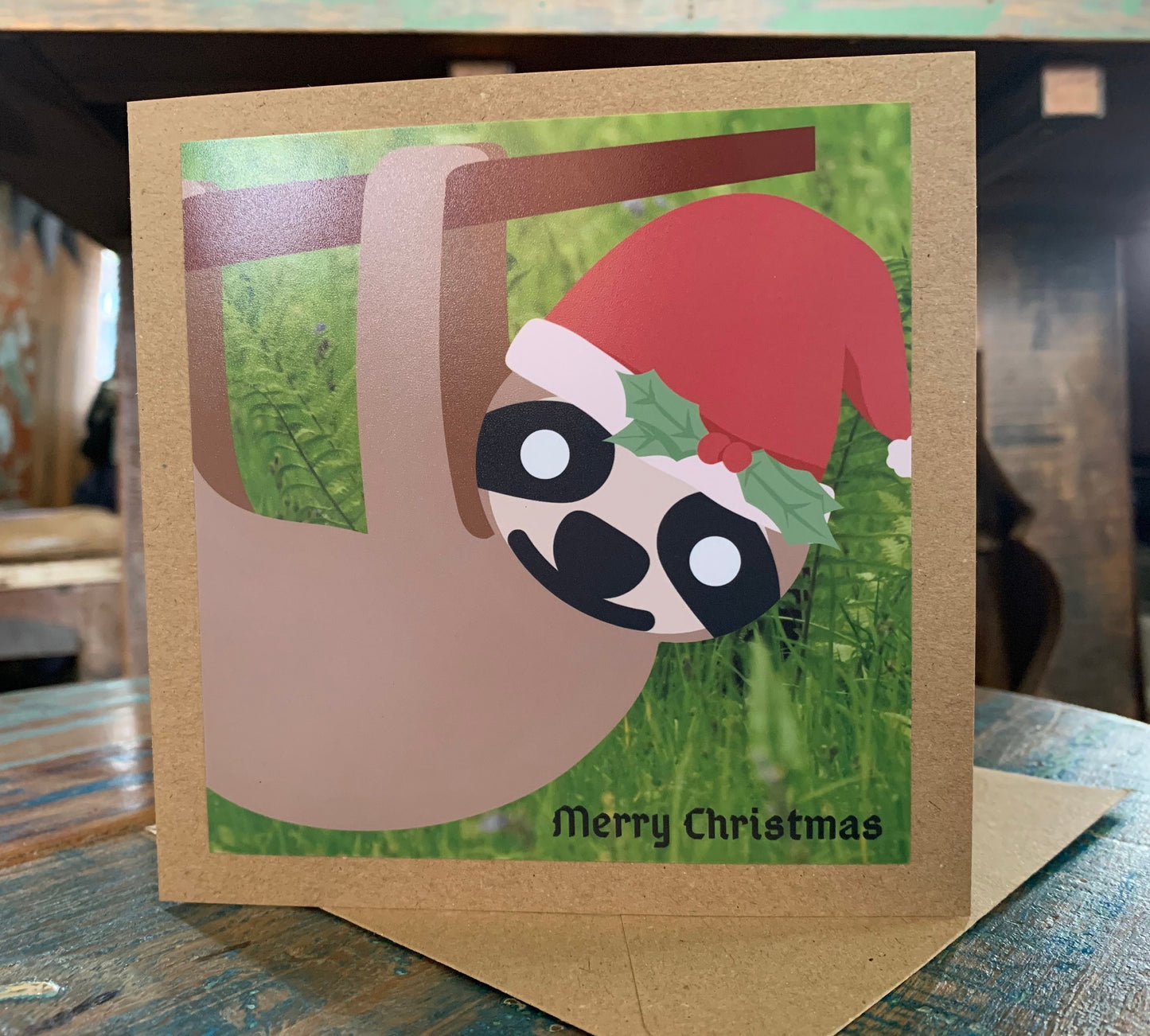 Christmas sloth card, recycled Christmas card, sloth xmas card, homemade Christmas. Eco friendly card. Handmade card, ethical Christmas card