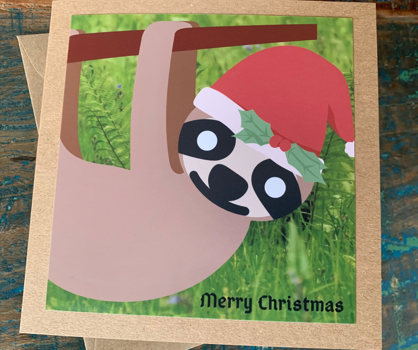 Christmas sloth card, recycled Christmas card, sloth xmas card, homemade Christmas. Eco friendly card. Handmade card, ethical Christmas card