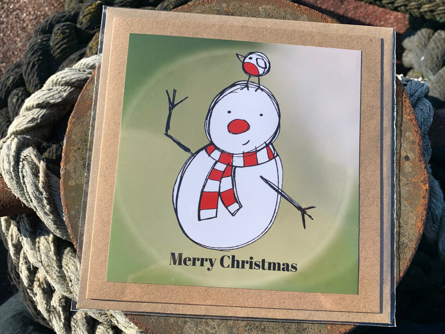 Christmas snowman card, recycled Christmas card, robin card, homemade Christmas. Eco friendly card. Handmade card, ethical Christmas card