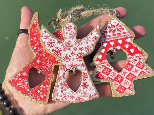 Three handmade Christmas tree decorations, eco friendly Christmas baubles, traditional Christmas decorations for the tree, angel decorations
