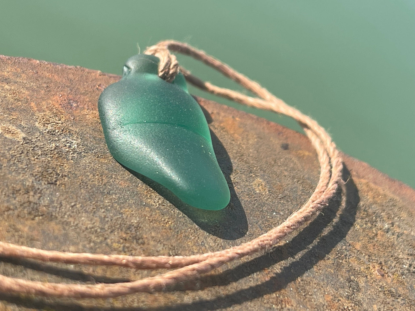 Green sea glass necklace. Recycled necklace, gift for him. Ethical jewellery. Sea glass pendant. Eco friendly necklace, boho surf jewellery