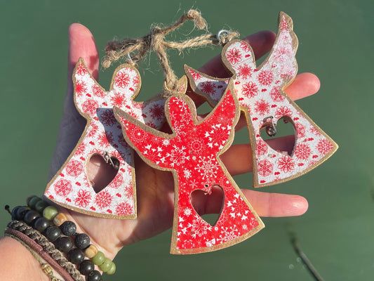 Three handmade Christmas tree decorations, eco friendly Christmas baubles, traditional Christmas decorations for the tree, angel decorations