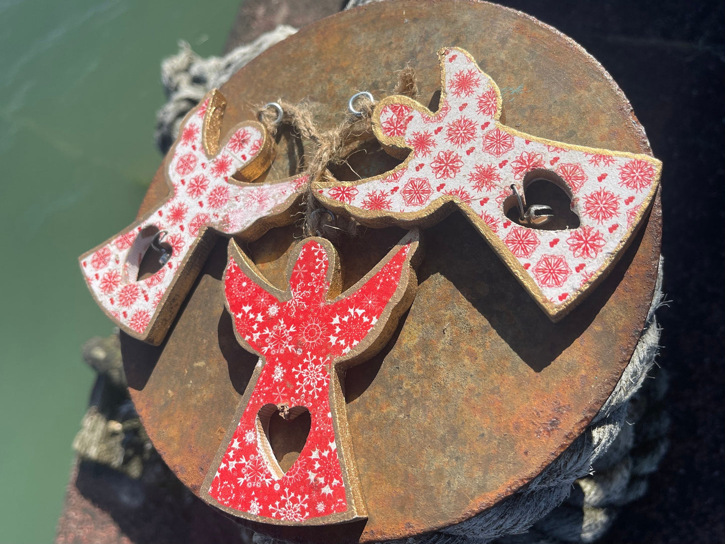 Three handmade Christmas tree decorations, eco friendly Christmas baubles, traditional Christmas decorations for the tree, angel decorations