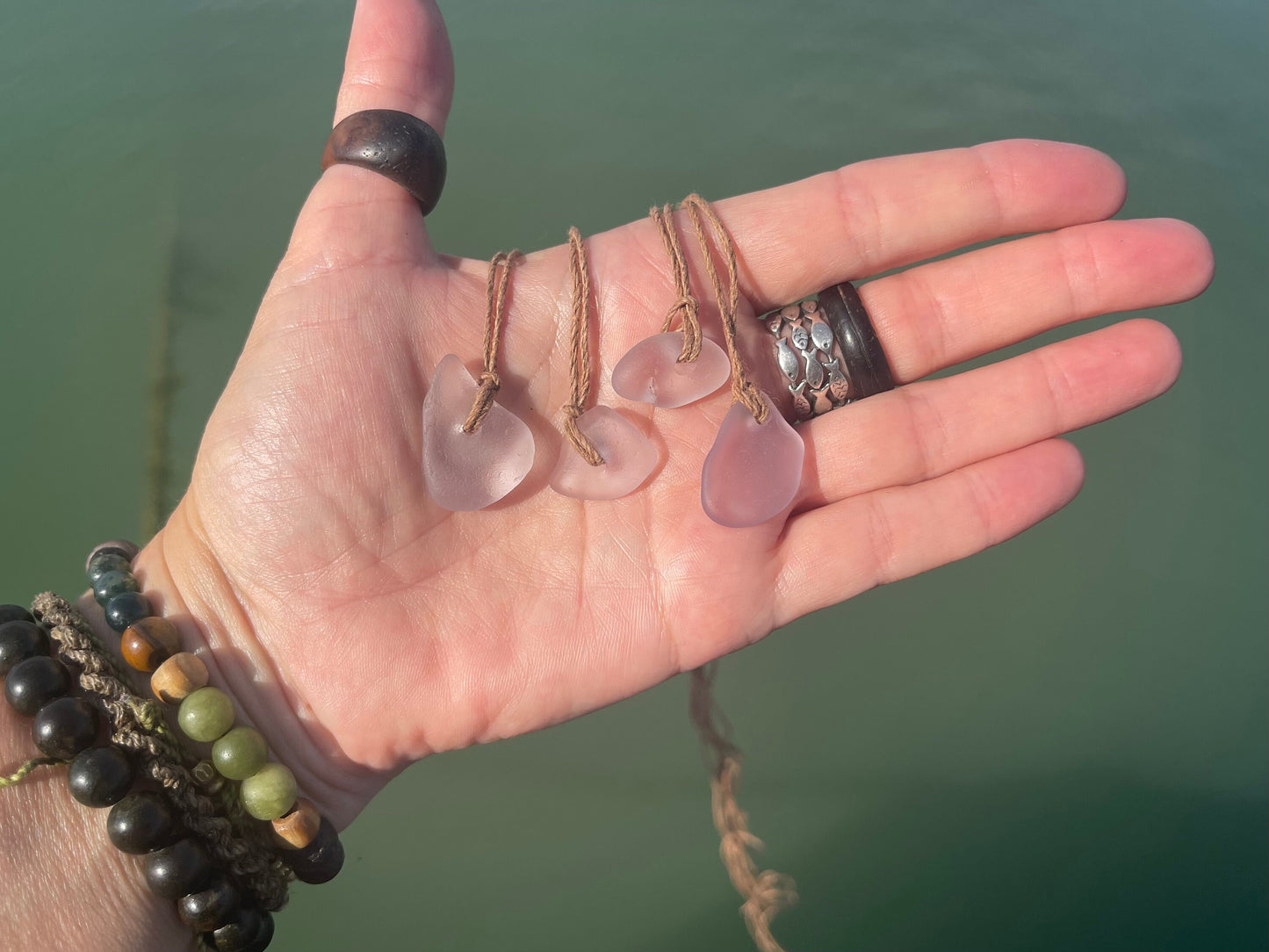 Rustic pink sea glass necklaces. Recycled gift, boho necklaces, unusual gift for him, gift for her, hippy necklace, eco friendly necklaces