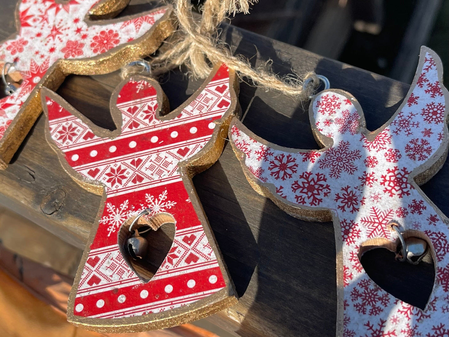 Three handmade Christmas tree decorations, eco friendly Christmas baubles, traditional Christmas decorations for the tree, angel decorations