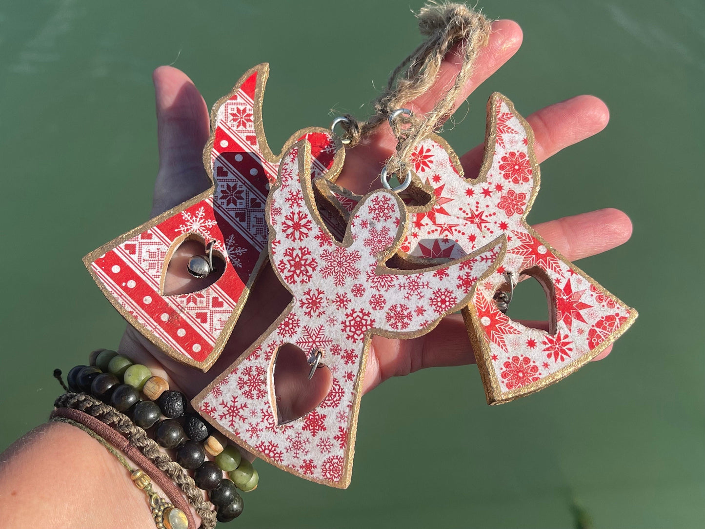 Three handmade Christmas tree decorations, eco friendly Christmas baubles, traditional Christmas decorations for the tree, angel decorations