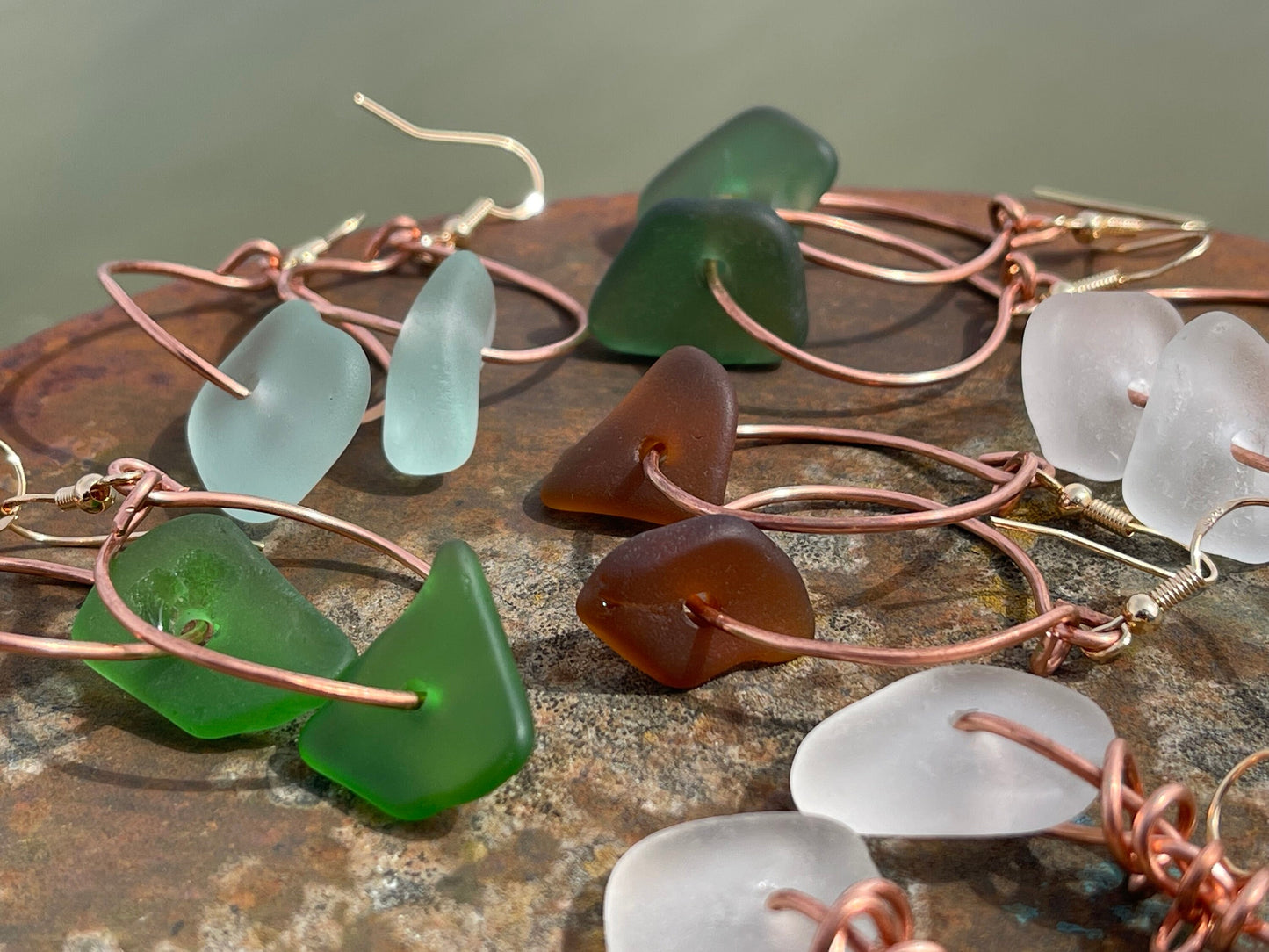 Recycled earrings. Handmade earrings, unique sea glass earrings. Eco friendly gift for her. Sea glass hoop earrings, sea glass jewellery