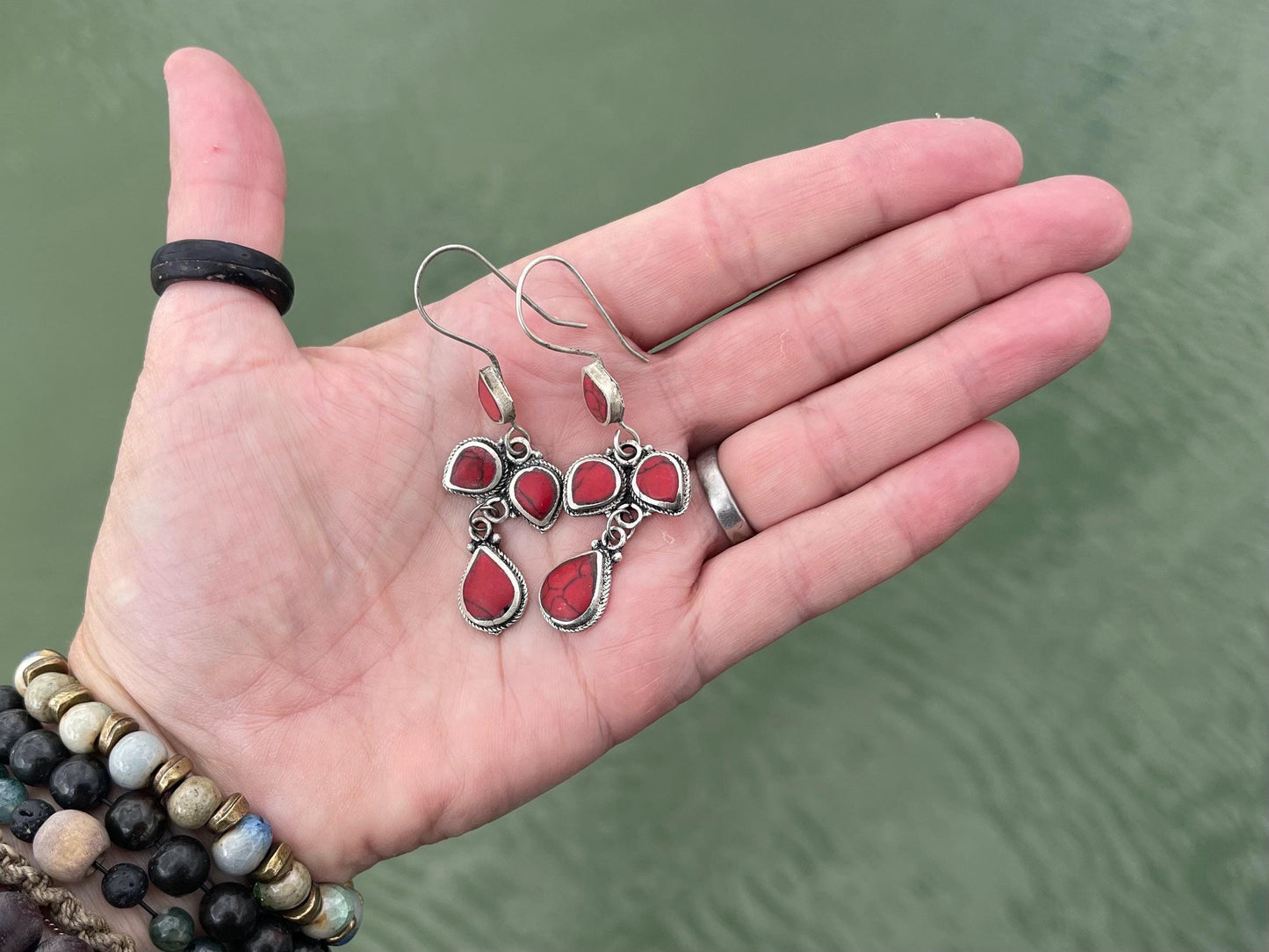 Gypsy jewellery, vintage teardrop earrings, red jewellery, ethical jewellery, gypsy earrings, romantic gifts, eco friendly jewellery